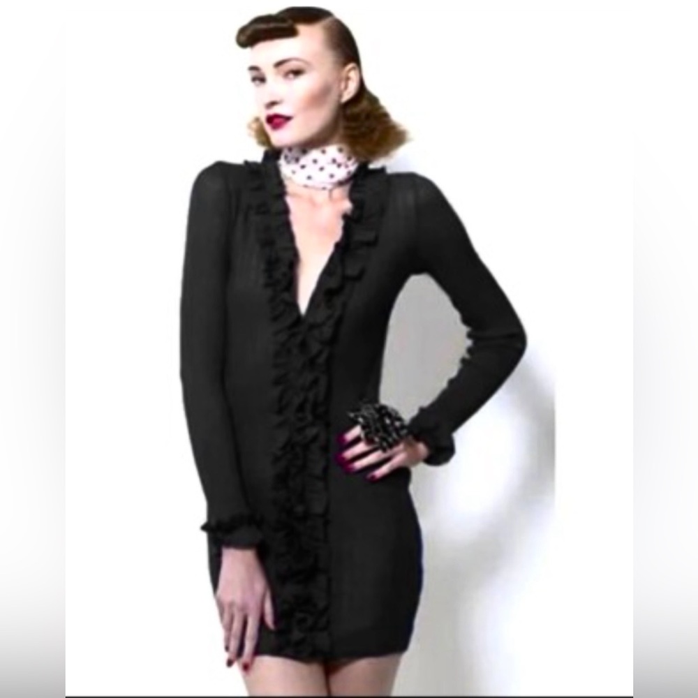 Anne Fontaine Black Wool Ruffle Long Sleeve Dress/ Long Cardigan Sz-42.